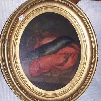 ANTIQUE OIL PAINTING STILL LIFE LOBSTER FISH 19TH/EARLY 20TH CENTURY - Visual Art