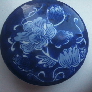 blue white circular box - Art Pottery