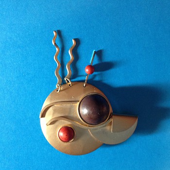 Modernist Abstract brass brooch with dangles - Costume Jewelry