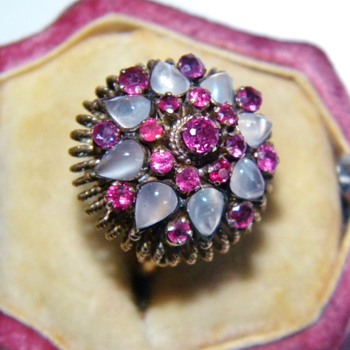 Vintage Deco Moonstone Ruby Thai Princess 18k Rose Gold Ring - Fine Jewelry