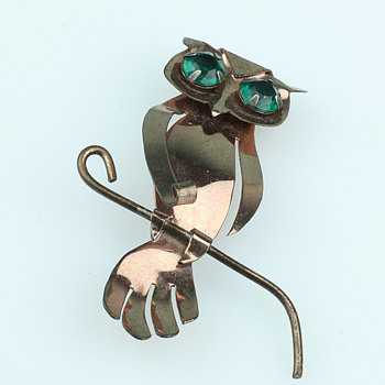 Copper owl brooch with green rhinestones - Costume Jewelry