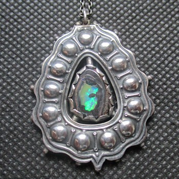 Unusual double-sided A&C Silver pendant with boulder opal - Arts and Crafts