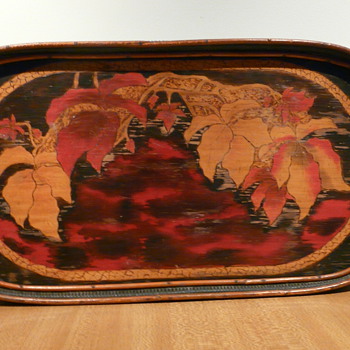 POKERWORK POINSETTIA BUTLER'S TRAY  - Arts and Crafts