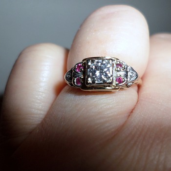 14 K Deco Diamond And Ruby Ring - Art Deco
