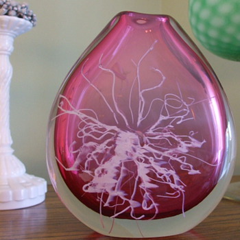 Clear and Cranberry Art Glass Vase with Cased White Flowered Veining-Any Ideas? - Art Glass