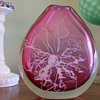 Clear and Cranberry Art Glass Vase with Cased White Flowered Veining-Any Ideas?