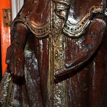 19th century - a Burmese Mandalay Standing Wooden Buddha decorated with Thayo lacquer and glass mosaics