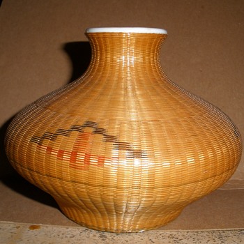 Very Finely Woven Bamboo (?) Over Porcelain Vase - Asian