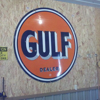 My first major purchase a few years ago...1951 Gulf sign. Unmolested and in fairly good shape for a 60 year old...