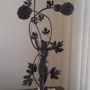 Mystery German Iron Lamp of Woman Reaching for Fruit