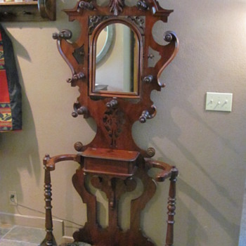 mahogany victorian hall stand with cast iron umbrella trays - Furniture