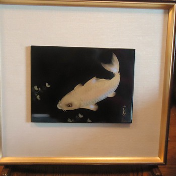 Lacquered Wood tile, Koi fish pretty! - Asian