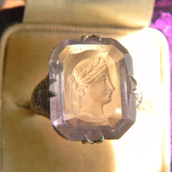 Art Deco Ascher Cut Rose De France Amethyst Intaglio 14k Filigree Ring - Fine Jewelry