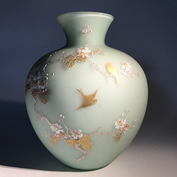 Josef Riedel Light Green Satin Enameled Vase C1880? - Art Glass