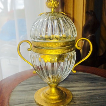 Antique French Cut Crystal Dore Bronze Etched Footed Salt Cellar - Art Glass