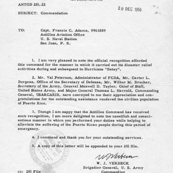 Letter from my fathers box, 1956 US Army letter  about Hurricane "Besty" - Military and Wartime