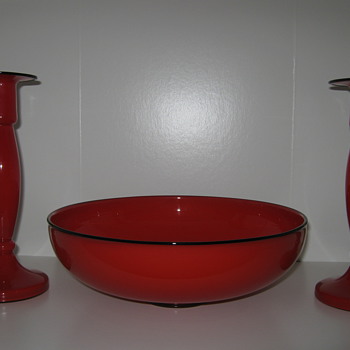 Kralik Red Tango Glass with applied Black trim Low Bowl and Candlestick set Czechoslovakia - Art Glass