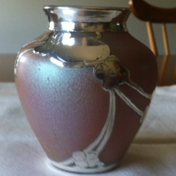 Kralik Art Nouveau Pink Glatt Silberiris silver overlay vase. - Art Glass