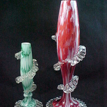 Red Antonin Rückl & Sons / Ruckl Bohemian Vase & Green Honeycomb Spatter or Cottage Glass Decor - Art Glass