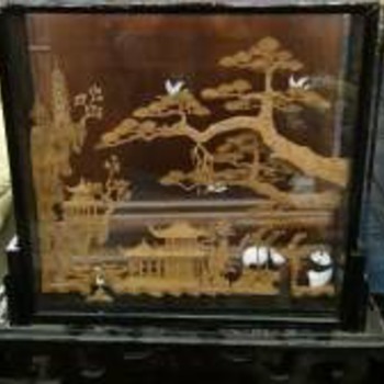 Panda & Village Display Piece In Glass Frame With Stand - Asian