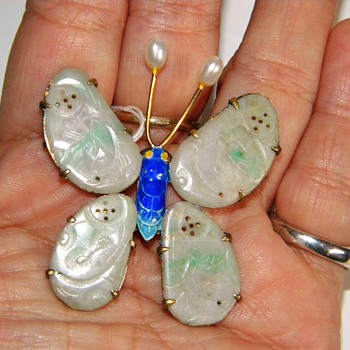 Antique Chinese Carved Jade Pearl Cloisonne Butterfly Brooch New W/Box" - Asian
