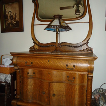 Outstanding Antique Tiger Oak Hotel Washstand Serpetine Front