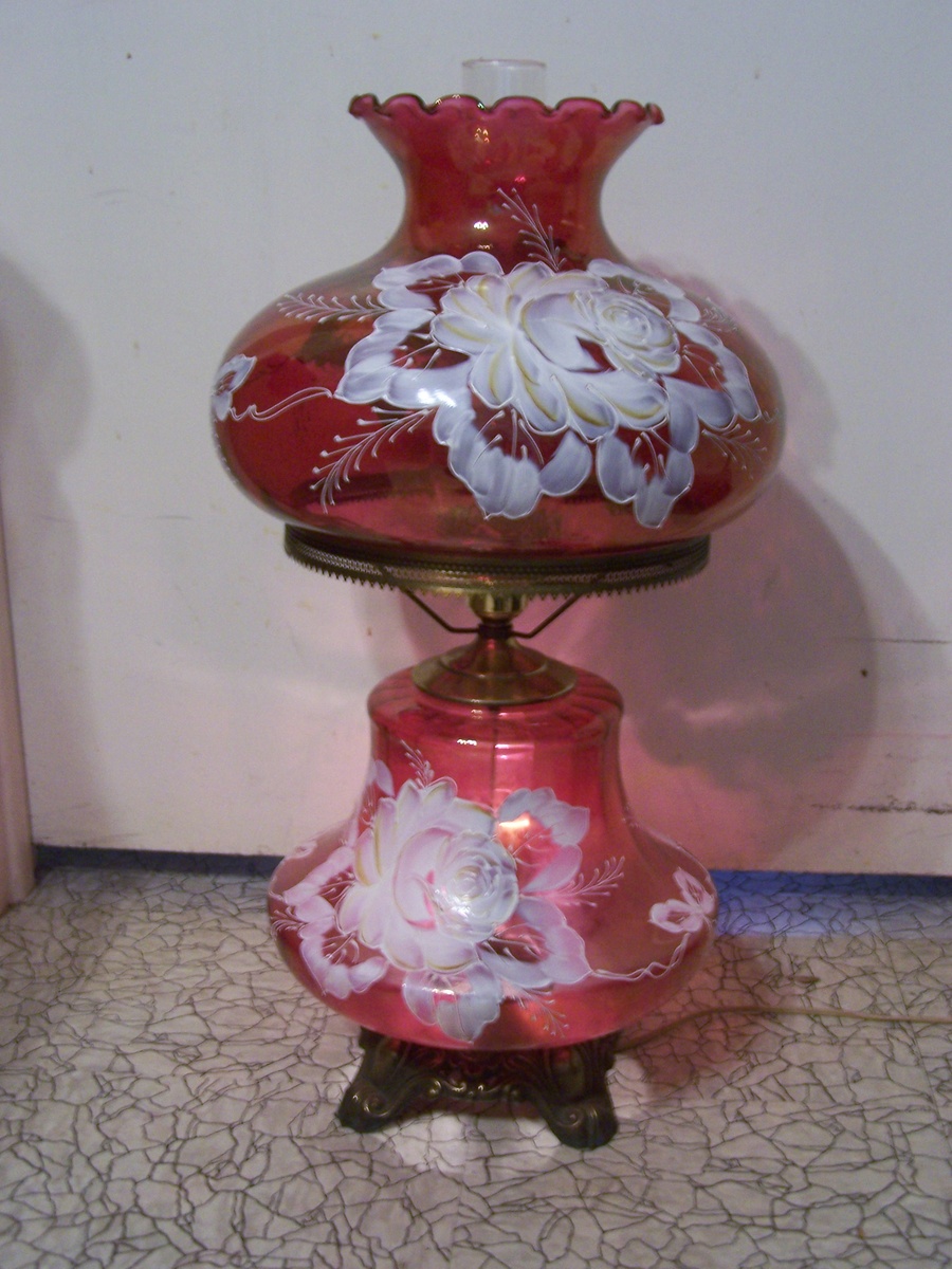 Double Globe lamp with rose glass and painted flowers Collectors Weekly