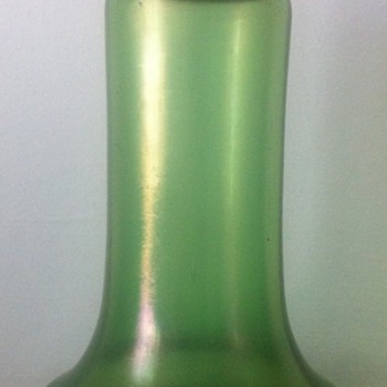 Simple iridescent green vase with hammered brass collar - Art Glass