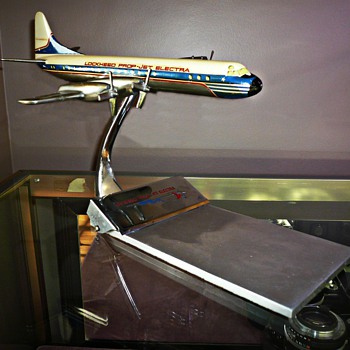 RARE Lockheed Prop-Jet Electra Metal Airplane Company Desk Note Pad Holder 1950s - Advertising