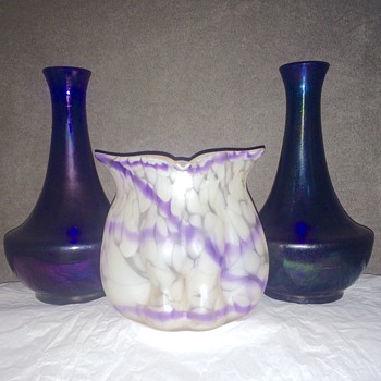 Kralik Pinched Documented White & Lavender & Cobalt Iridized Pair Vases - Art Glass