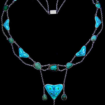 Arts & Crafts -- Enamel and Turquoise Butterfly Necklace - Fine Jewelry