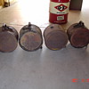 1920's... 5 Gallon Oil Rocker Cans...Three Of The Brands Here...En-ar-co...Nourse...Velvet