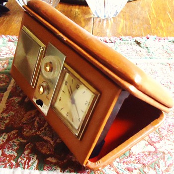 "Don't Leave Home Without It!"  Not Amer. Express Card! 1960's Leather Japan Travel radio and wind up alarm!!! - Clocks