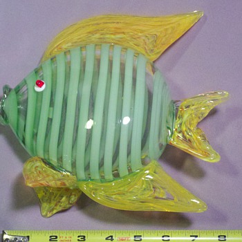 Glass fish, clear and green striped - yellow swirled fins - Art Glass
