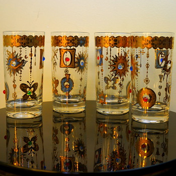 1960s Promotional Novelty Jeweled Glasses Turtle Sun Butterfly Unsigned Culver Barware