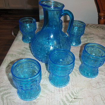 cobalt glass and pitcher . italy and yellow set of cups ...dont know much about them. - Glassware