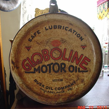 Globoline Motor Oil...5 Gallon Oil Rocker Can...Rusk Oil Company...Philadelphia, Pa.