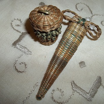 Maine Sewing Items, Scissor Basket and Curly Thimble Basket circa 1900-1939 - Native American