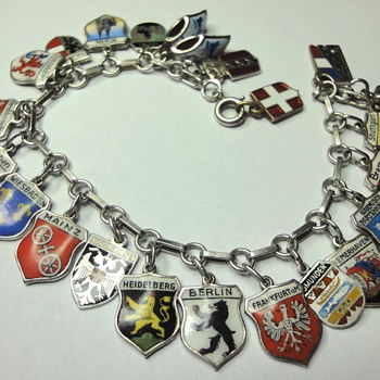 Vintage Silver Enamel Souvenir Travel Shield Charm Bracelet - Fine Jewelry