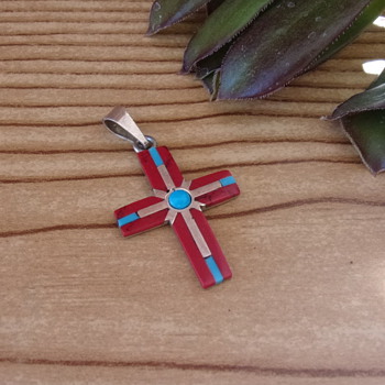 1979 Taxco Mexico Inlay Coral, Turquoise and Silver Cross Pendant - Fine Jewelry