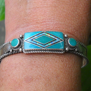 Sterling turquoise and opal cuff - Native American