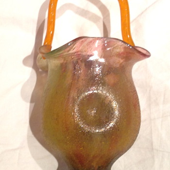 Czechoslovakia Sand Paper Finish Glass Basket Vase - Art Glass