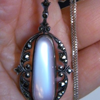 Antique Victorian Ceylon Moonstone Marcasite 835 Silver Lavaliere Pendant Germany - Fine Jewelry