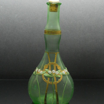 Bohemian enameled uranium glass barbers bottle - Art Glass