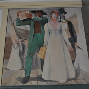 'Arrival by Ship,' 'Torchlight Procession,' and 'Pioneers Receiving Mail'