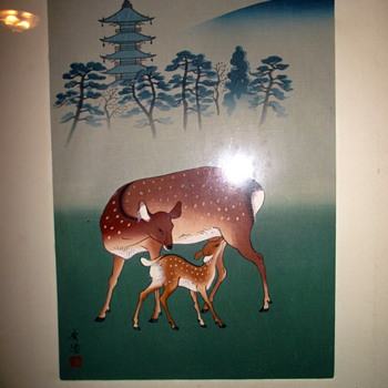 Asian Painting of a Mother Deer and Fawn - Asian