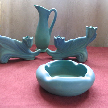 Green Van Briggle Candlesticks, vase and ashtray