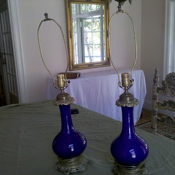 French Antique Cobalt Blue and Brass Table Lamps - Lamps