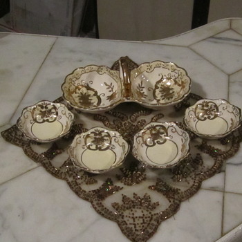 ANTIQUE JAPANESE Salt Dish (4pc) & Handled Dish. Also Vintage Sequin Doiley - Asian