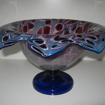 Uncommon Kralik Czechoslovakia Glass Bowl with  Cobalt Blue applied Base and Trim Millefiori Cane Decor - Art Glass